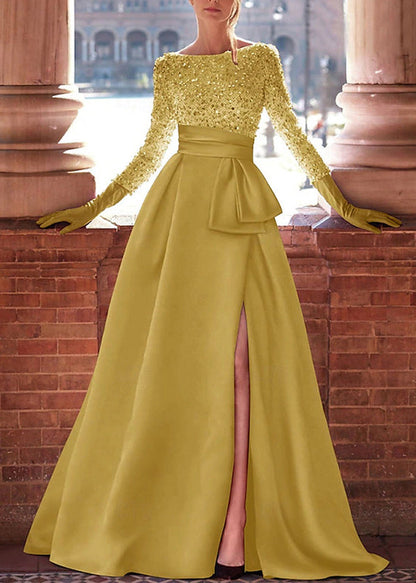 Stylish Yellow Sequins Side Open Patchwork Ankle Dress Spring