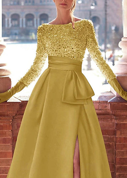 Stylish Yellow Sequins Side Open Patchwork Ankle Dress Spring