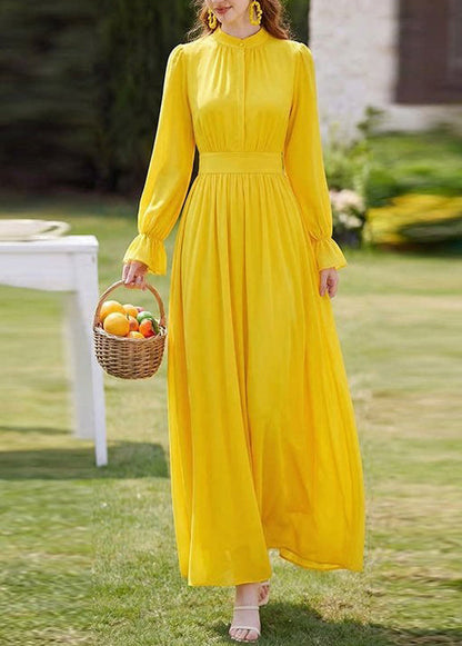 Stylish Yellow Stand Collar Patchwork Chiffon Dresses Long Sleeve