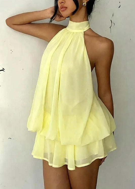 Stylish Yellow Turtleneck Solid Chiffon Mid Dress Sleeveless