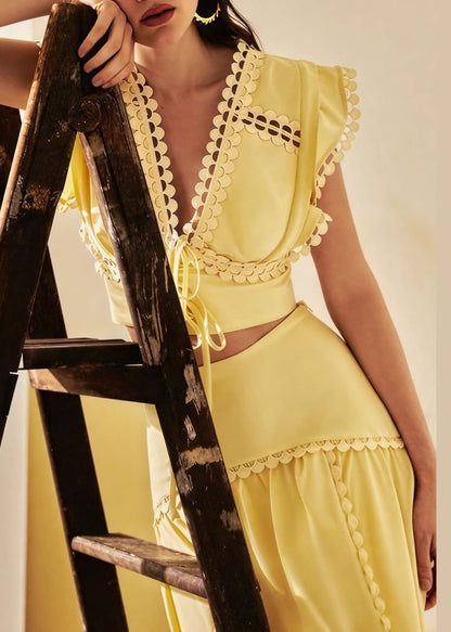 Stylish Yellow V Neck Patchwork Top And Skirts Cotton Two-Piece Set Summer