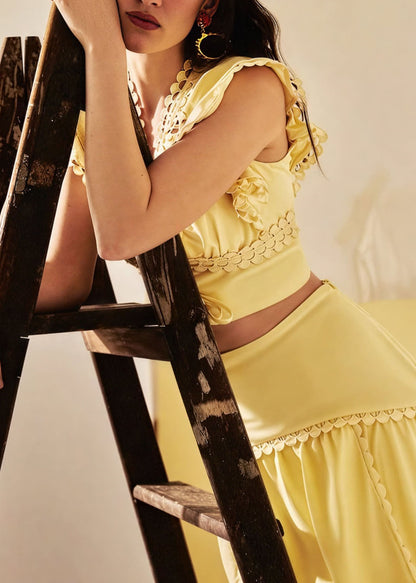 Stylish Yellow V Neck Patchwork Top And Skirts Cotton Two-Piece Set Summer