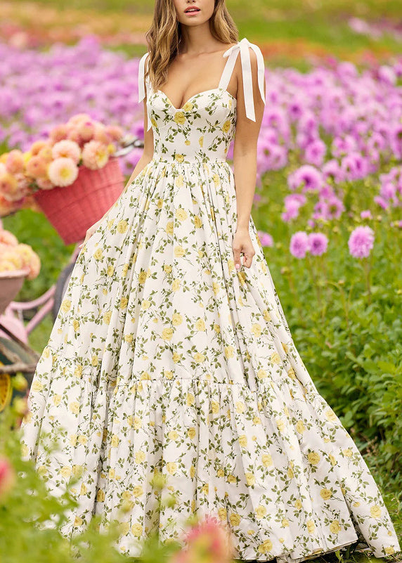 Stylish Yellow V Neck Print Cotton Spaghetti Strap Dress Sleeveless