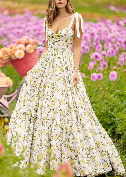 Stylish Yellow V Neck Print Cotton Spaghetti Strap Dress Sleeveless