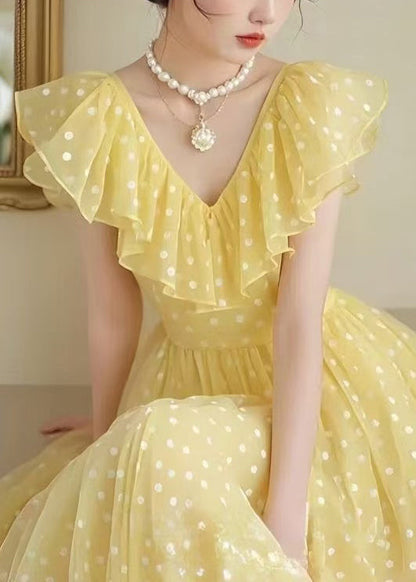 Stylish Yellow V Neck Ruffled Print Chiffon Long Dress Summer