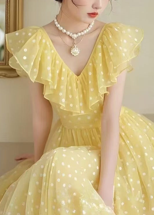 Stylish Yellow V Neck Ruffled Print Chiffon Long Dress Summer