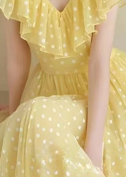Stylish Yellow V Neck Ruffled Print Chiffon Long Dress Summer