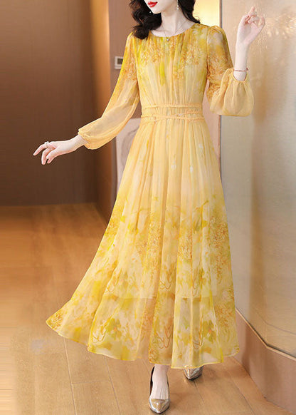 Stylish Yellow Wrinkled Patchwork Long Dress Fall