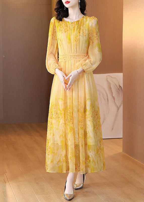 Stylish Yellow Wrinkled Patchwork Long Dress Fall