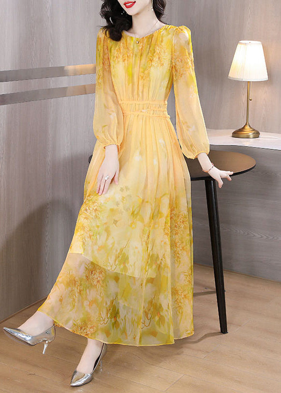 Stylish Yellow Wrinkled Patchwork Long Dress Fall