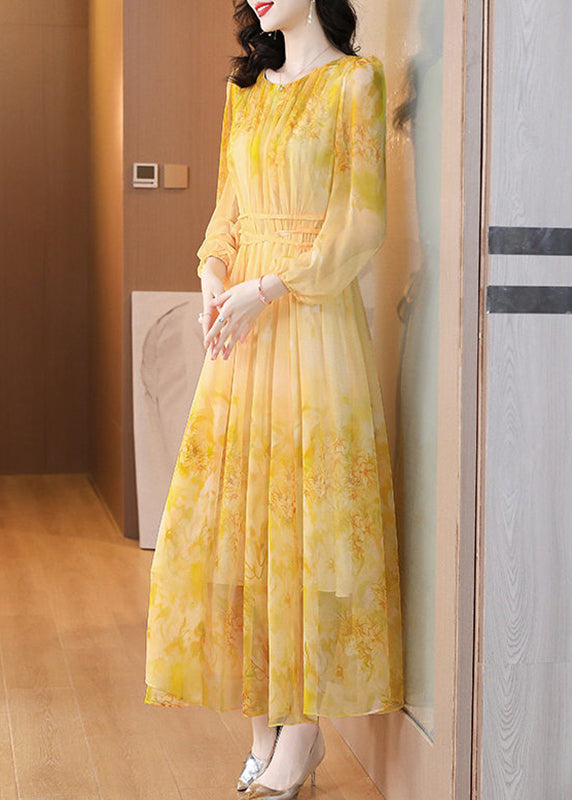 Stylish Yellow Wrinkled Patchwork Long Dress Fall