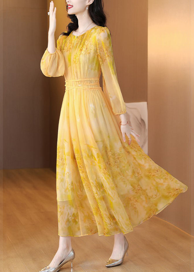 Stylish Yellow Wrinkled Patchwork Long Dress Fall