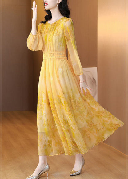 Stylish Yellow Wrinkled Patchwork Long Dress Fall