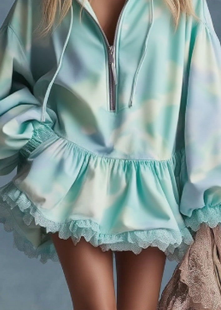 Stylish Zip Up Lace Patchwork Cotton Sweatshirt Streetwear Dress Spring