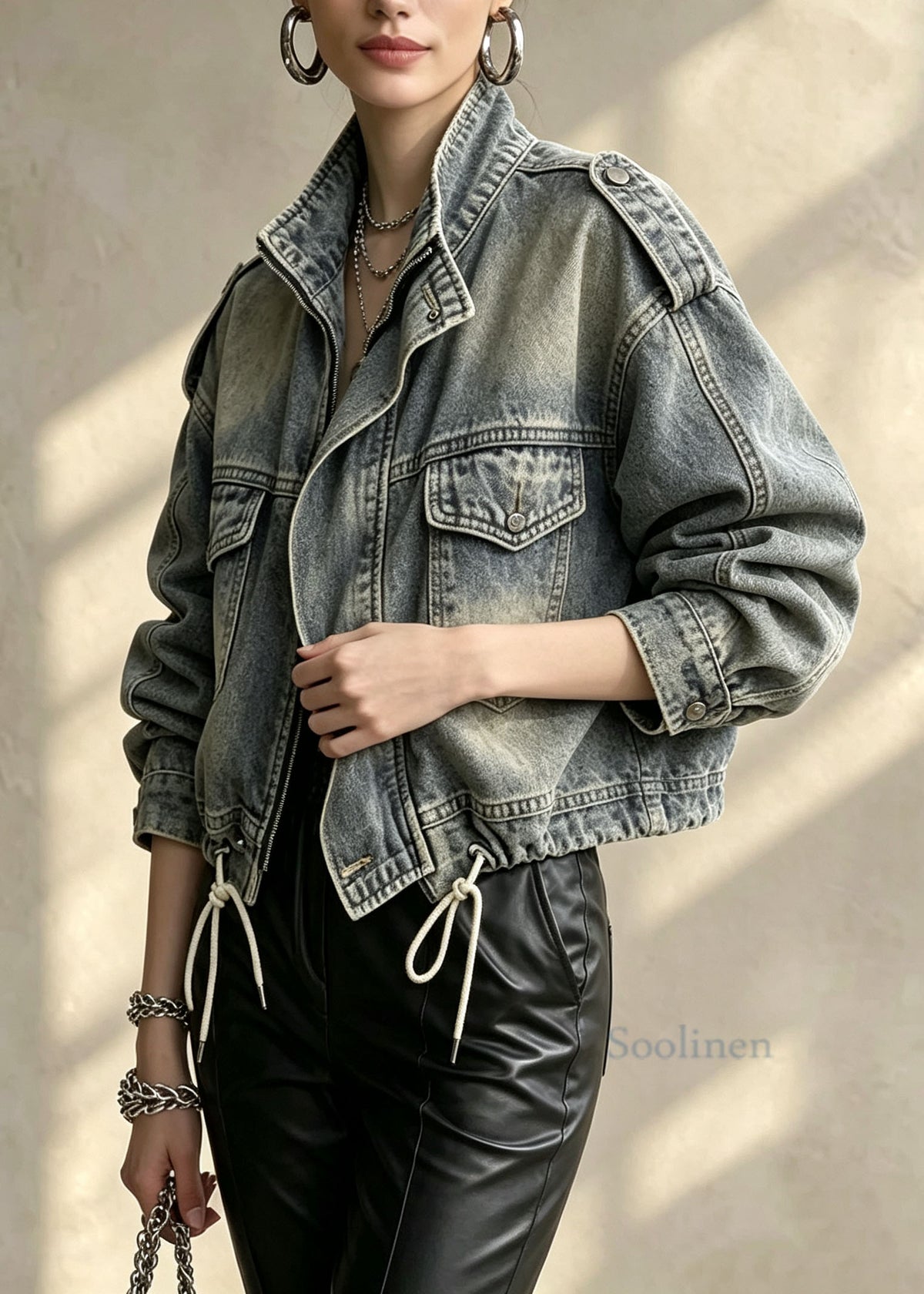 Stylish Zip Up Pockets Drawstring Patchwork Denim Jackets Fall