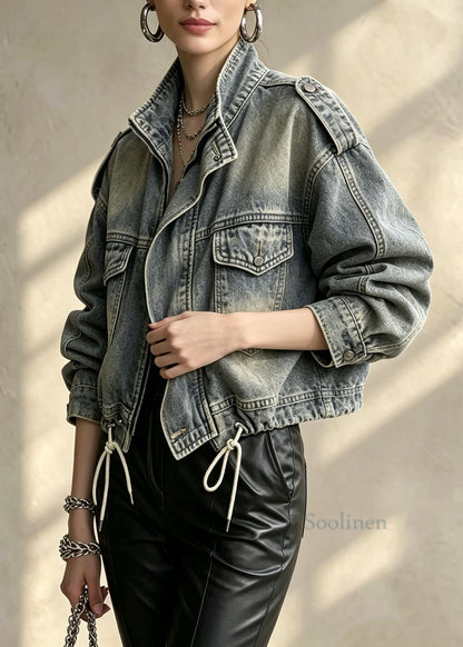 Stylish Zip Up Pockets Drawstring Patchwork Denim Jackets Fall
