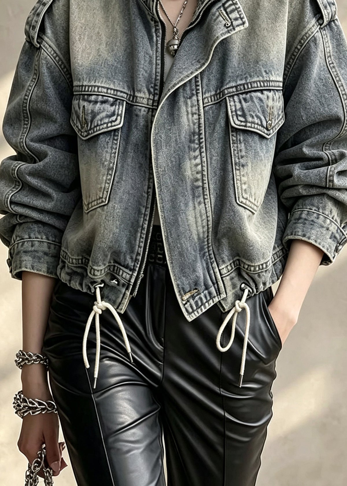 Stylish Zip Up Pockets Drawstring Patchwork Denim Jackets Fall