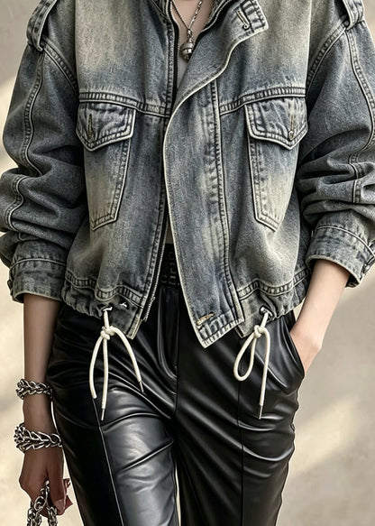 Stylish Zip Up Pockets Drawstring Patchwork Denim Jackets Fall