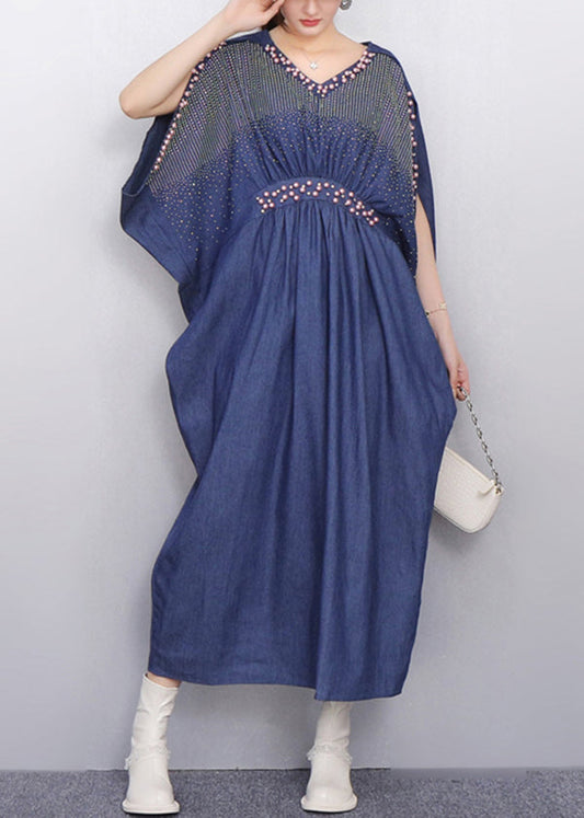 Subtle Sparkle Zircon Navy Denim Dress Batwing Sleeves