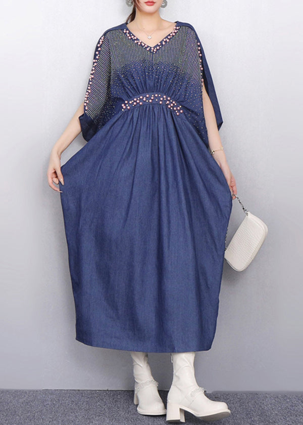 Subtle Sparkle Zircon Navy Denim Dress Batwing Sleeves
