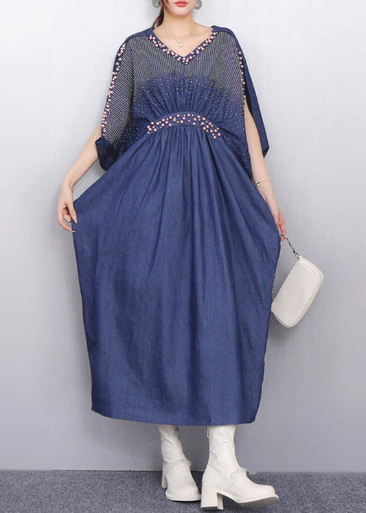 Subtle Sparkle Zircon Navy Denim Dress Batwing Sleeves
