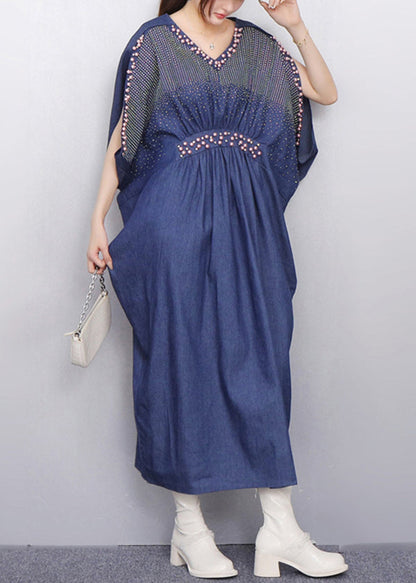Subtle Sparkle Zircon Navy Denim Dress Batwing Sleeves