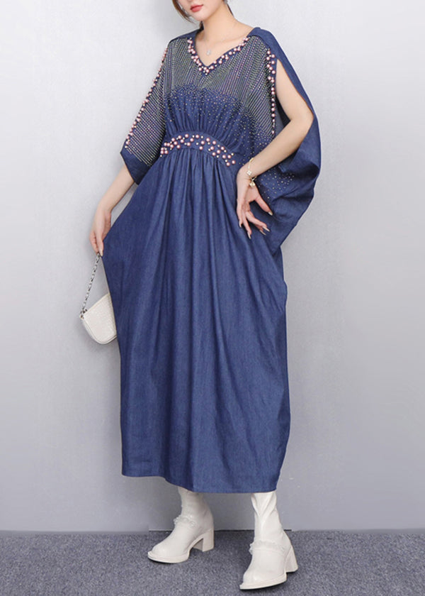 Subtle Sparkle Zircon Navy Denim Dress Batwing Sleeves