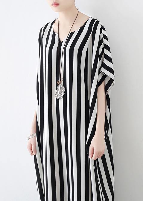 Summer Big Bat Sleeve Black And White Stripe Chiffon Dress - SooLinen