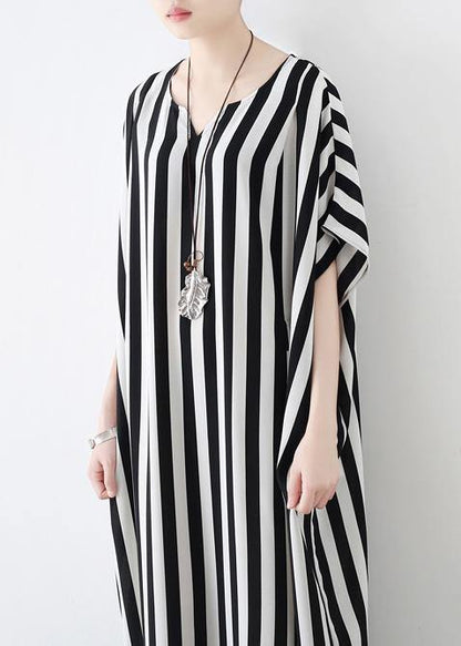 Summer Big Bat Sleeve Black And White Stripe Chiffon Dress - SooLinen