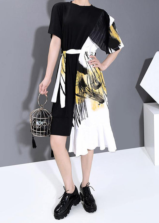 Summer Black Patchwork Girls Casual Dresses Robe - SooLinen