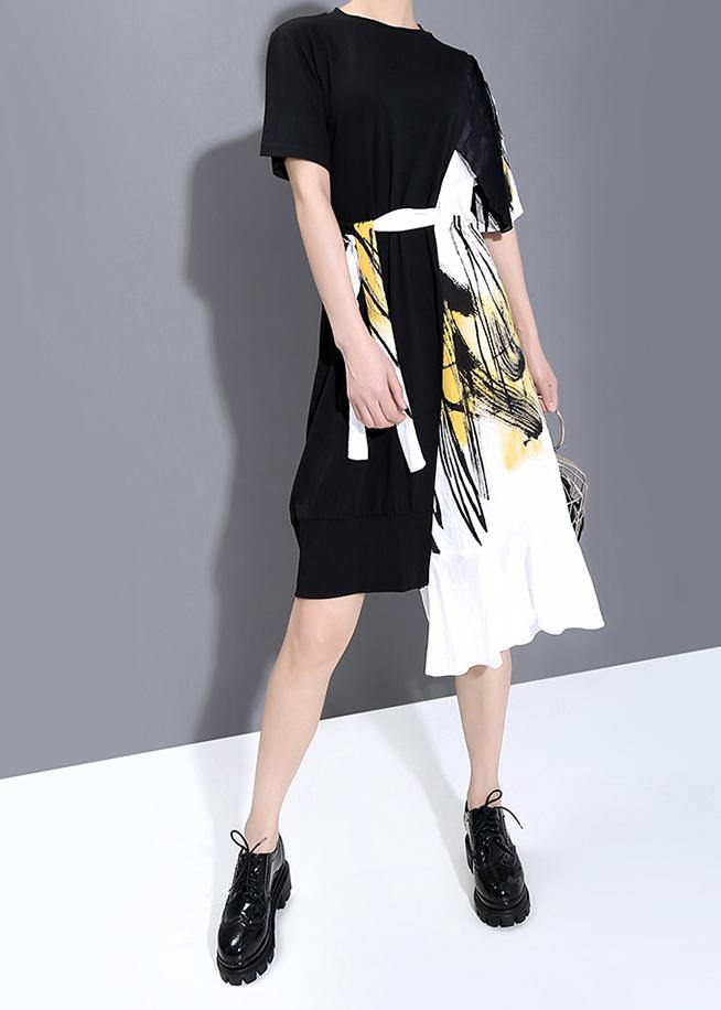 Summer Black Patchwork Girls Casual Dresses Robe - SooLinen