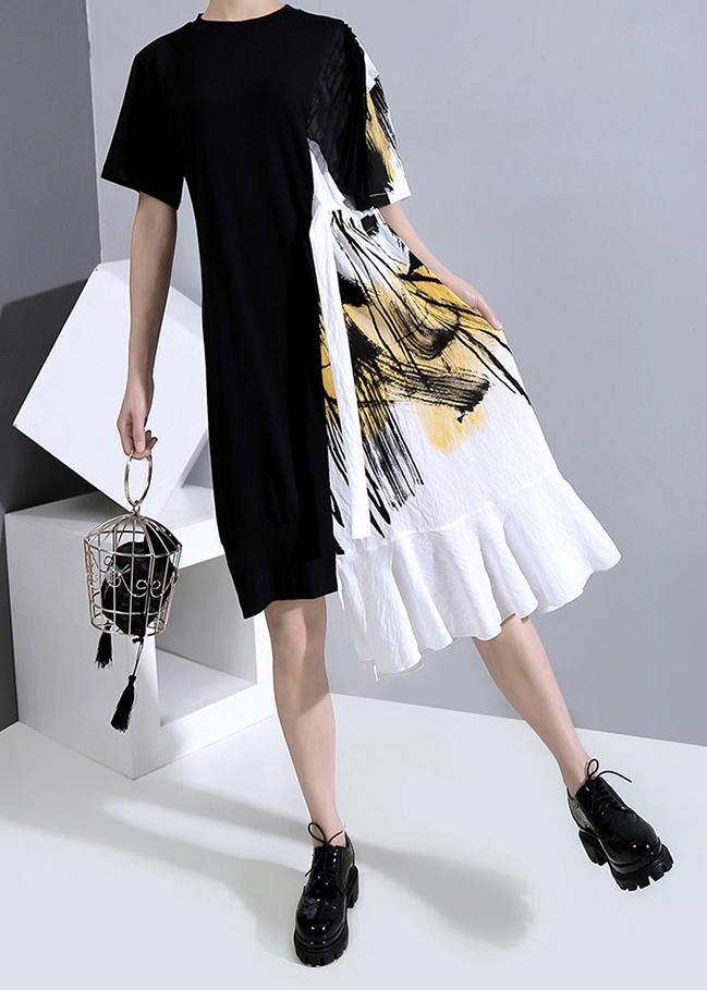 Summer Black Patchwork Girls Casual Dresses Robe - SooLinen