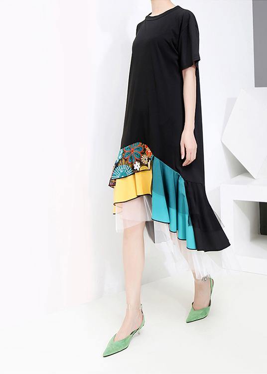 Summer Casual Black Colorful Printed Hem Dress - SooLinen