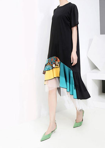 Summer Casual Black Colorful Printed Hem Dress - SooLinen