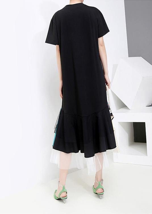 Summer Casual Black Colorful Printed Hem Dress - SooLinen