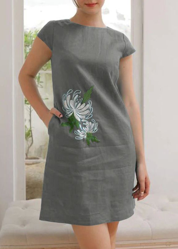 Summer Dress Women Vintage O-Neck Floral Embroidery