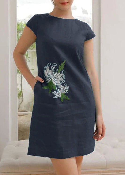 Summer Dress Women Vintage O-Neck Floral Embroidery