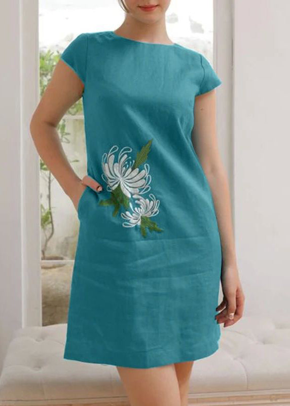 Summer Dress Women Vintage O-Neck Floral Embroidery
