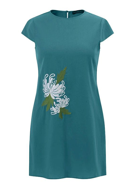 Summer Dress Women Vintage O-Neck Floral Embroidery