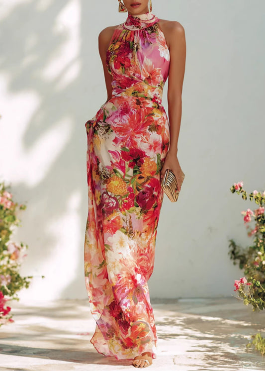 Summer French Style Elegant Print Hanging Neck Sleeveless Chiffon Dress