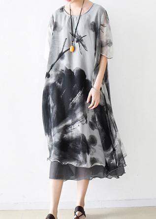 Summer Grey Print Chiffon Women Short Sleeve Dress - SooLinen
