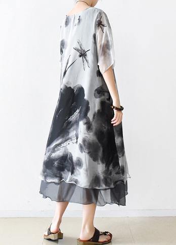 Summer Grey Print Chiffon Women Short Sleeve Dress - SooLinen