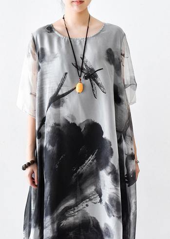 Summer Grey Print Chiffon Women Short Sleeve Dress - SooLinen