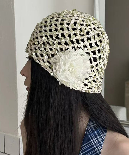 Summer New Hollow Out Sequin White Flower Knitted Boonie Hat