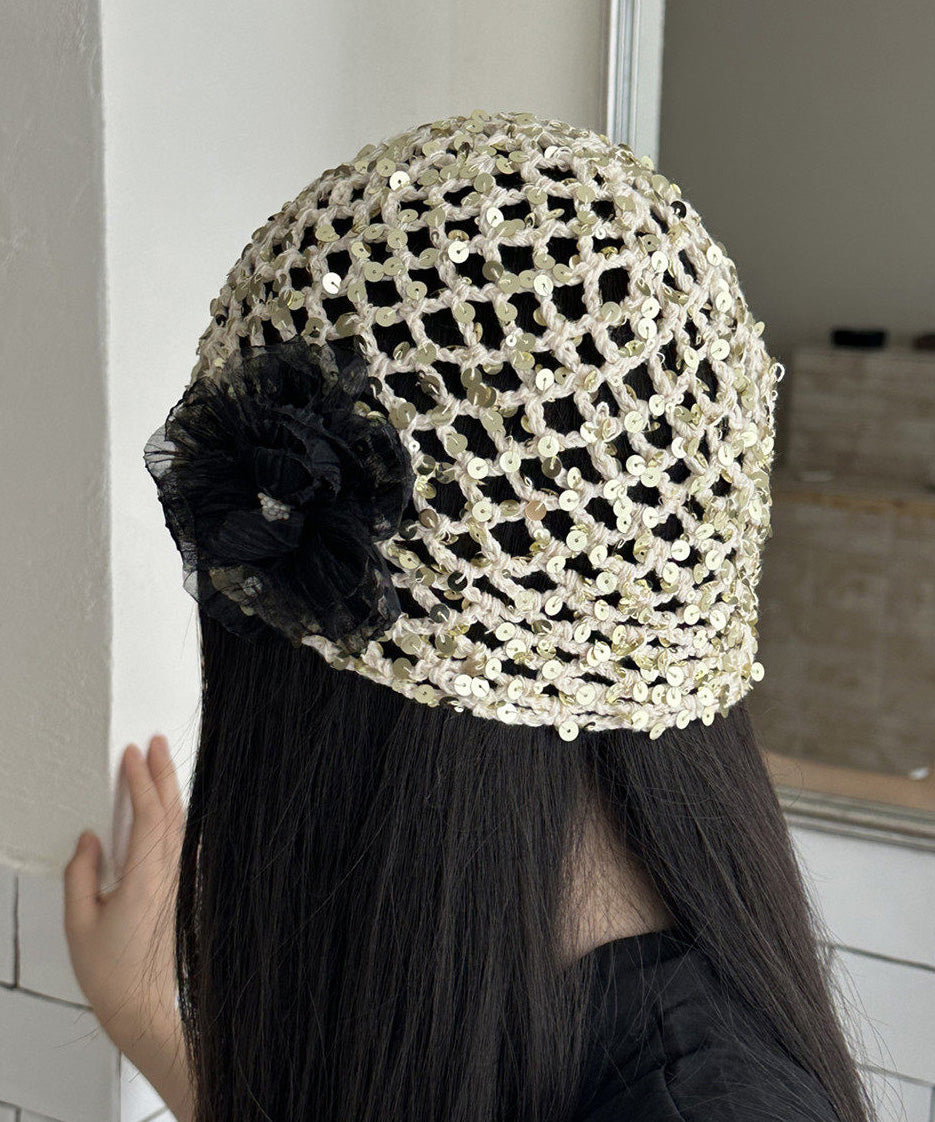 Summer New Hollow Out Sequin White Flower Knitted Boonie Hat