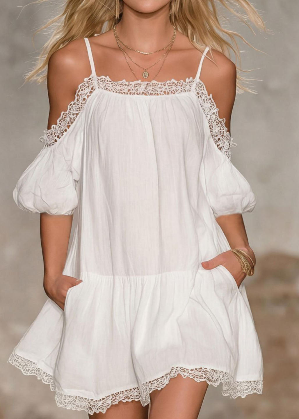Summer New Off Shoulder Hollow Splicing Bubble Short Dress