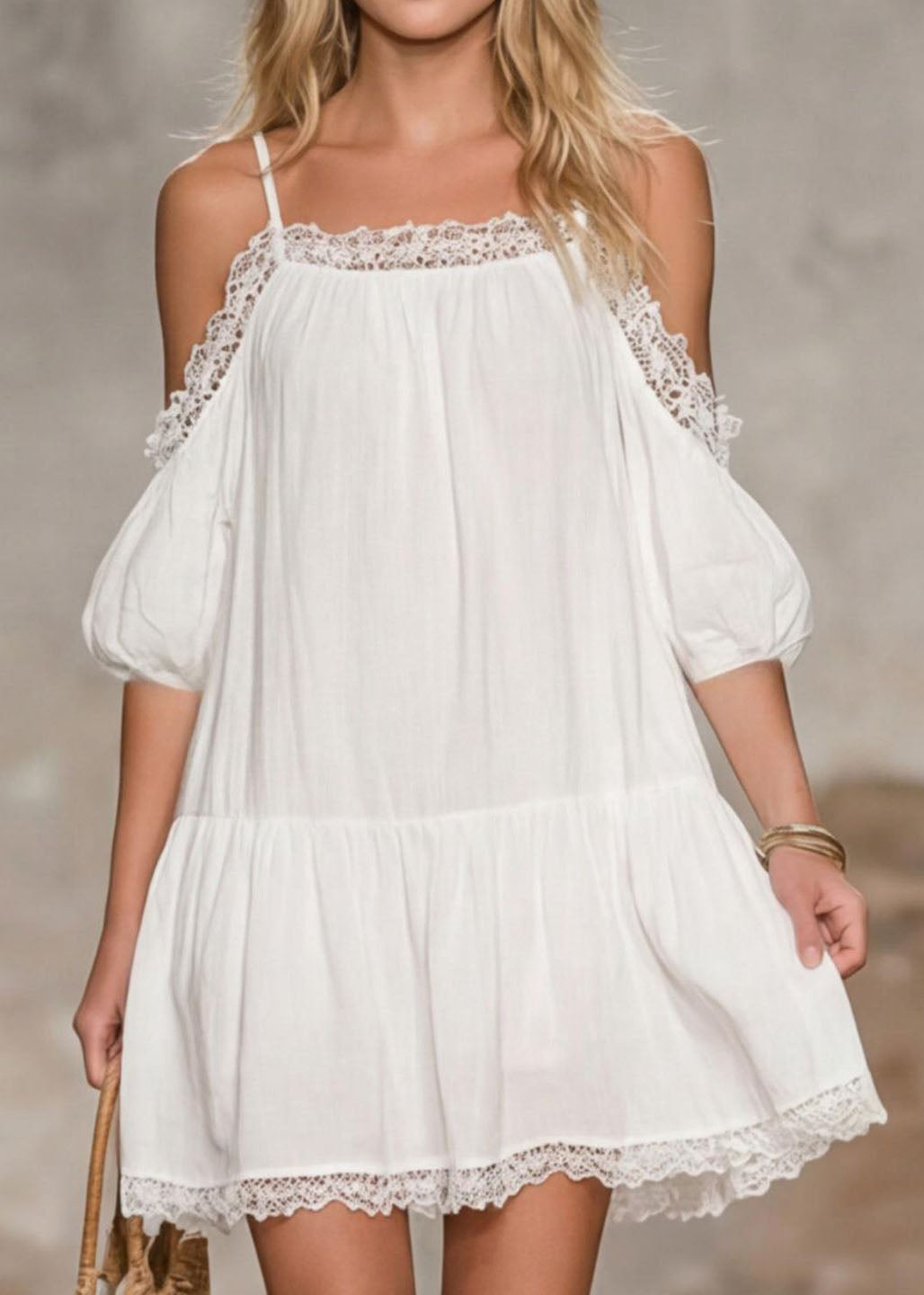 Summer New Off Shoulder Hollow Splicing Bubble Short Dress