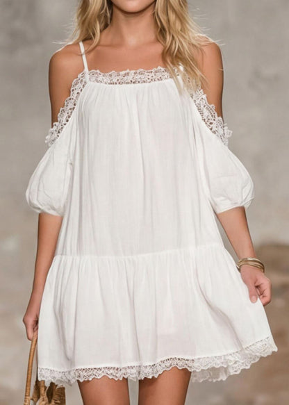 Summer New Off Shoulder Hollow Splicing Bubble Short Dress