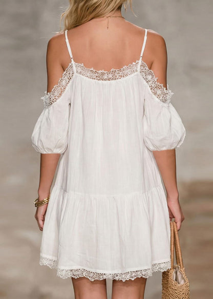 Summer New Off Shoulder Hollow Splicing Bubble Short Dress