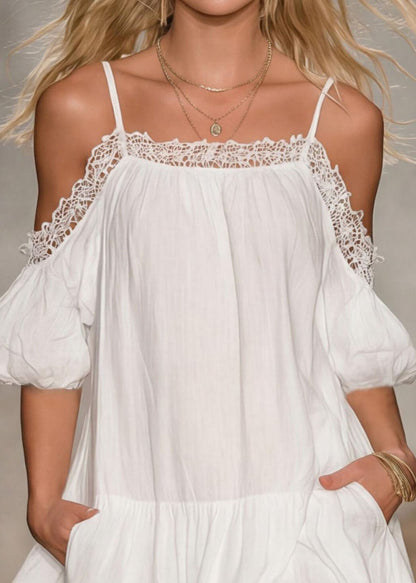 Summer New Off Shoulder Hollow Splicing Bubble Short Dress